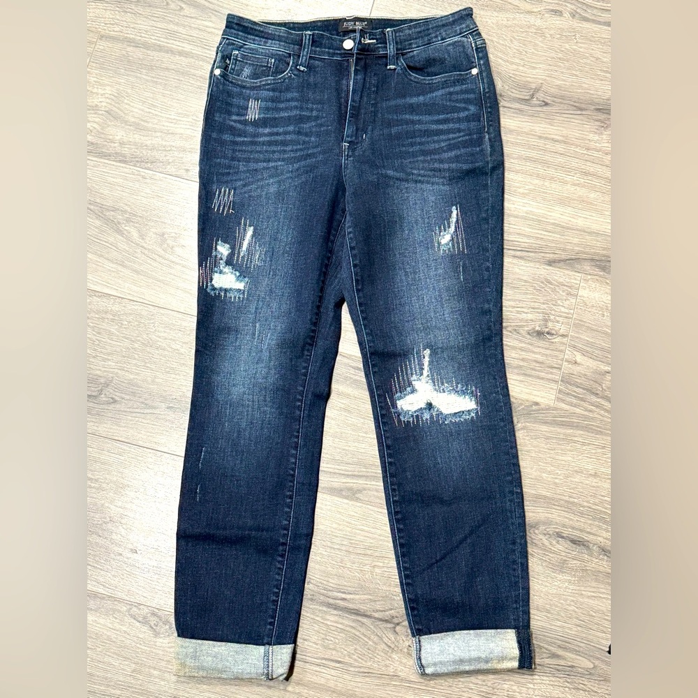 Dark Blue Judy Blue Distressed Women Jeans